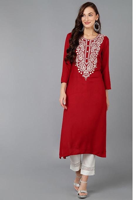 Red Embroidered Rayon Kurta