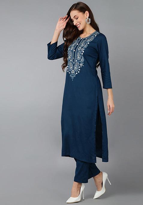 Blue Embroidered Rayon Kurta