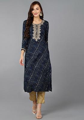 Navy Blue Embroidered Rayon Kurta