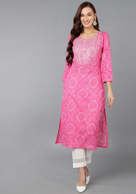 Pink Embroidered Cotton Kurta