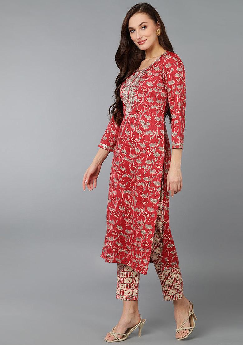 Red Embroidered Silk Blend Kurta