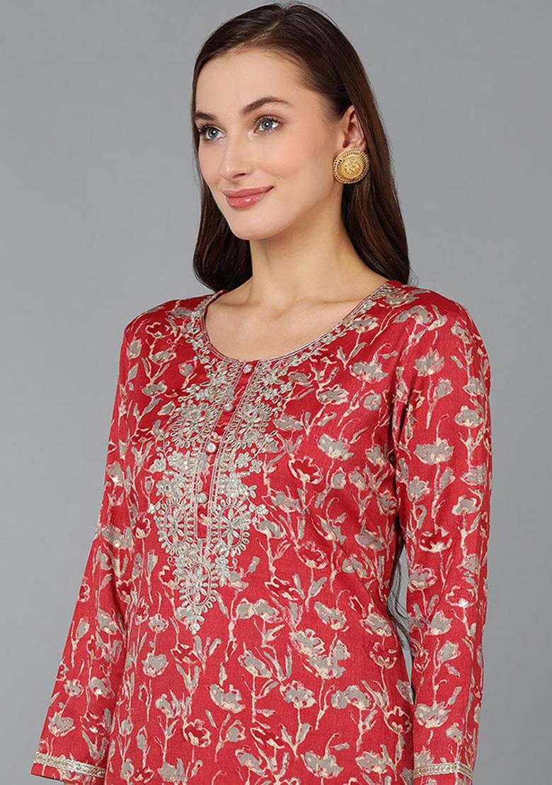 Red Embroidered Silk Blend Kurta