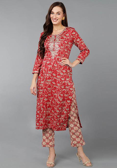 Red Embroidered Silk Blend Kurta