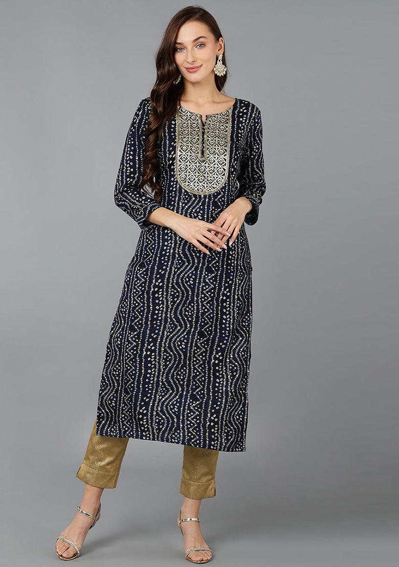 Navy Blue Printed Rayon Kurta - Indya