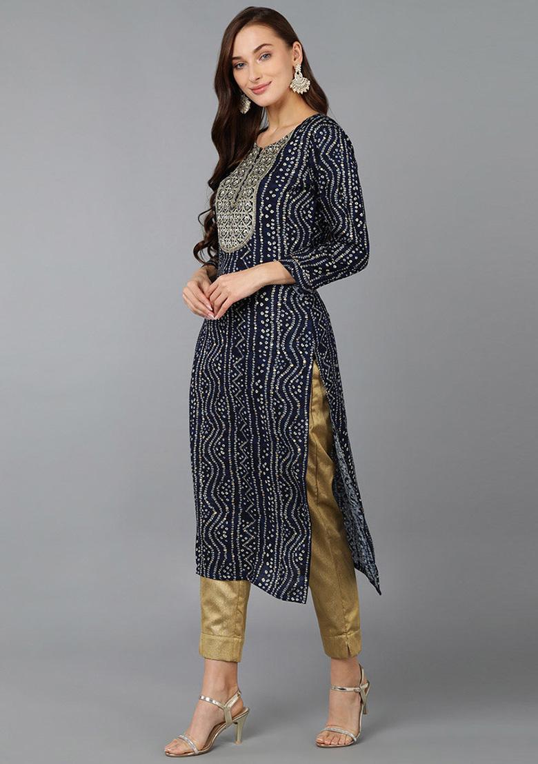 Navy Blue Printed Rayon Kurta - Indya