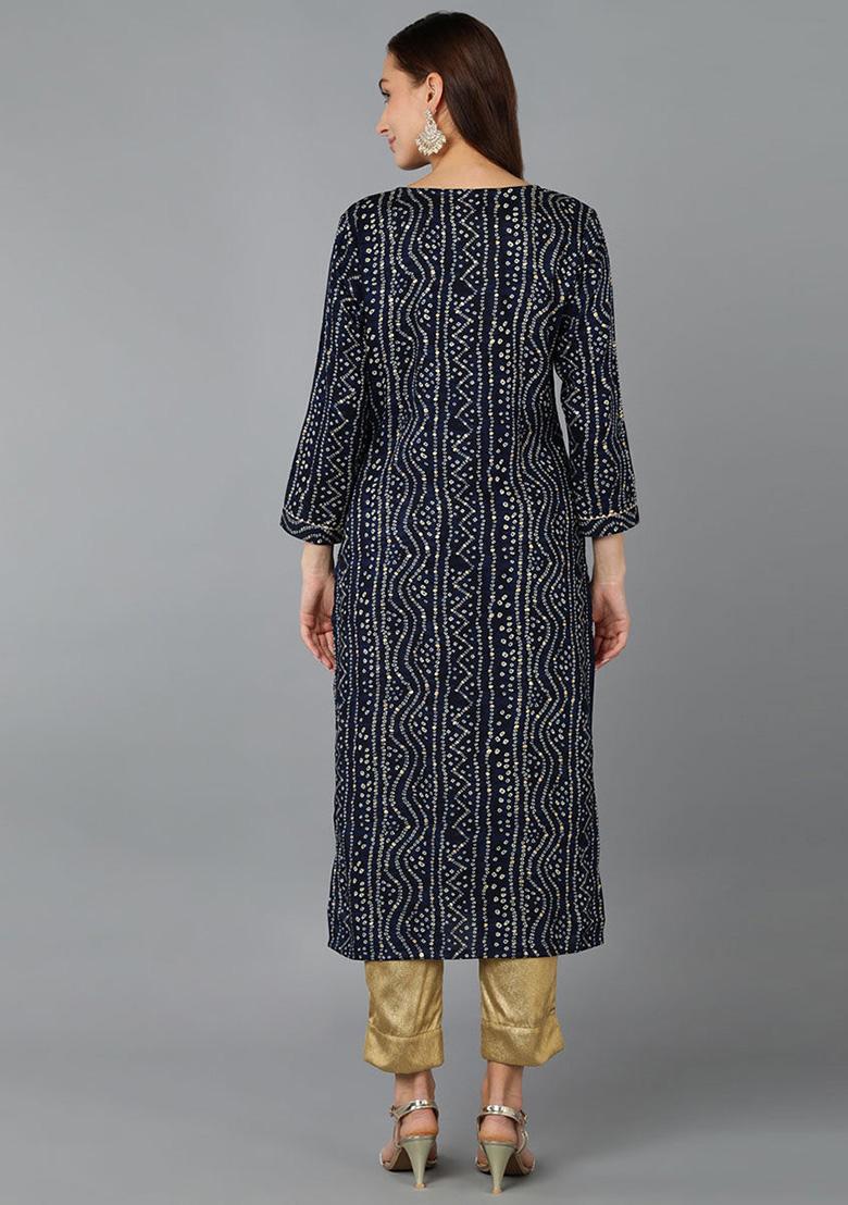 Navy Blue Printed Rayon Kurta - Indya