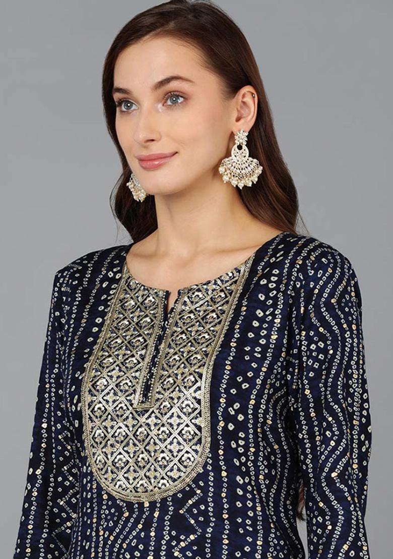 Navy Blue Embroidered Rayon Kurta - Indya