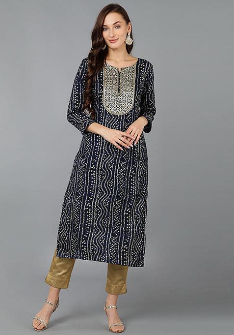 Navy Blue Embroidered Rayon Kurta