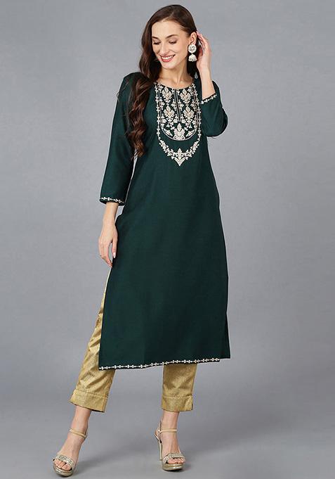 Green Embroidered Silk Blend Kurta