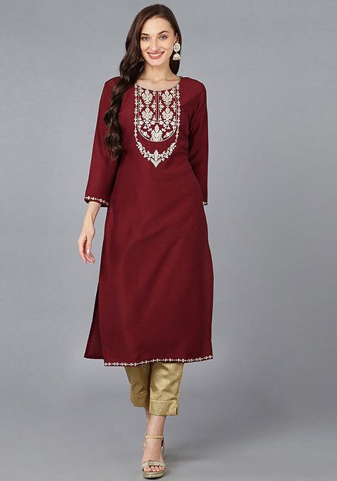 Maroon Embroidered Silk Blend Kurta