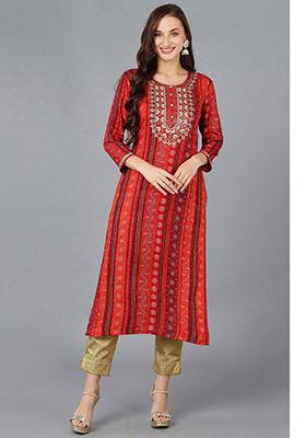 Red Embroidered Rayon Kurta
