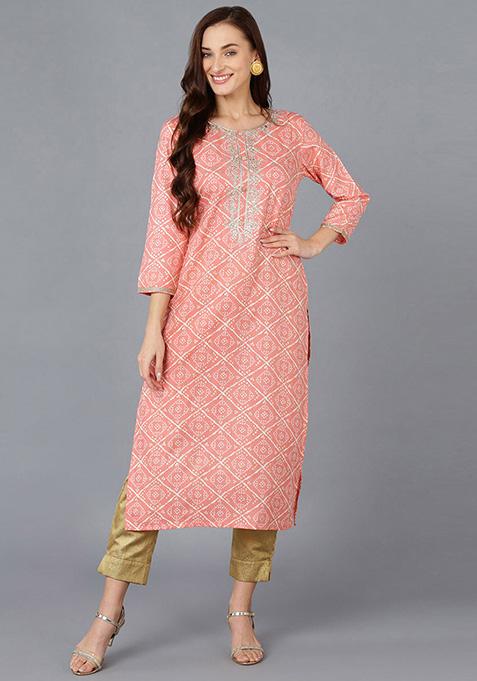 Peach Embroidered Silk Blend Kurta