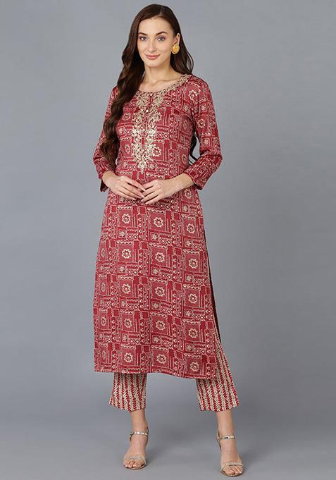 Maroon Embroidered Silk Blend Kurta