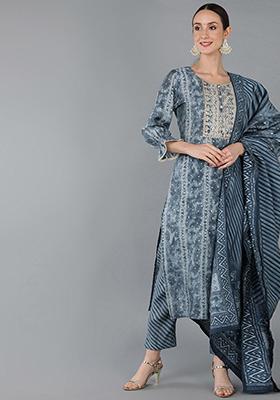 Charcoal Printed Silk Blend Kurta Set