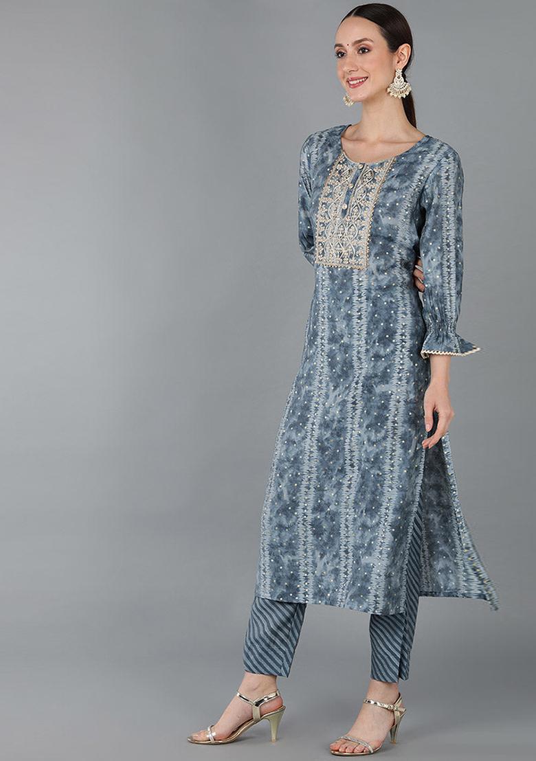 Charcoal Printed Silk Blend Kurta Set