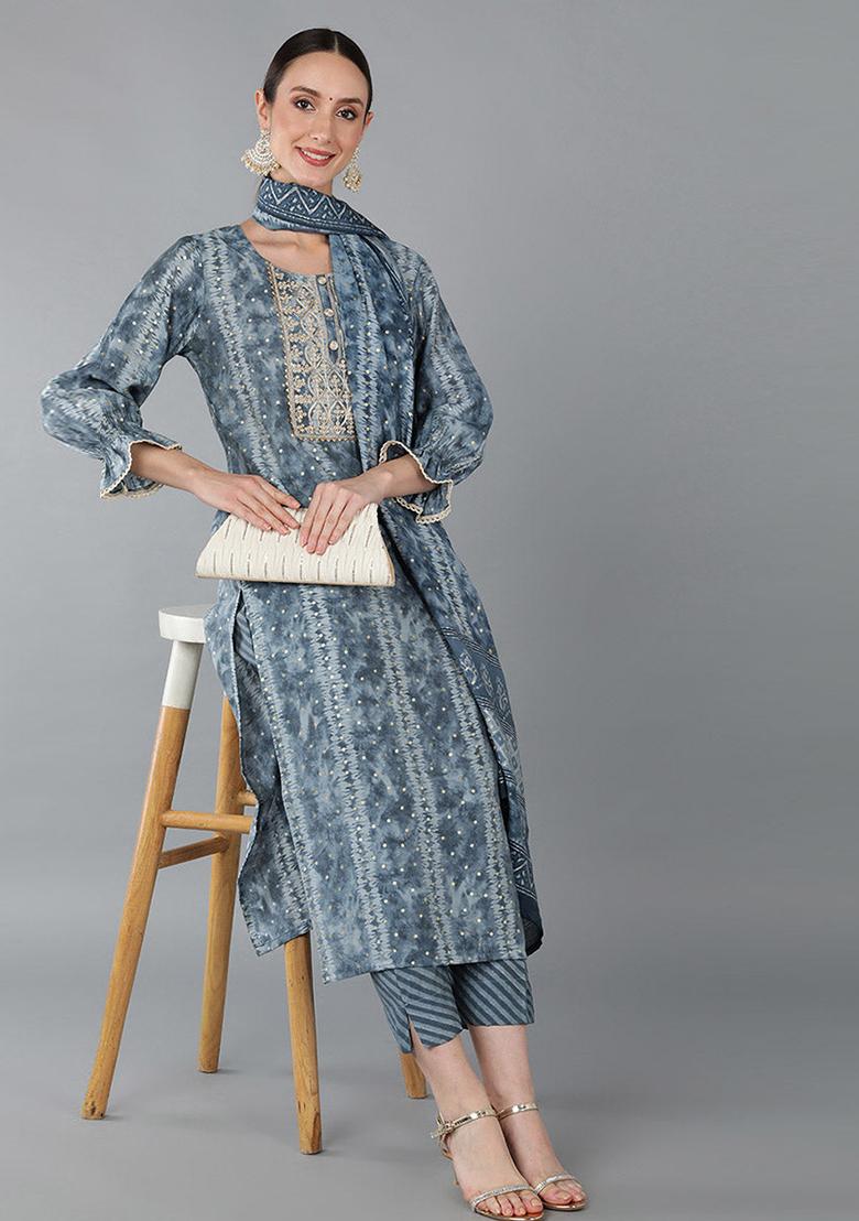 Charcoal Printed Silk Blend Kurta Set