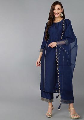 Navy Blue Solid Silk Blend Kurta Set
