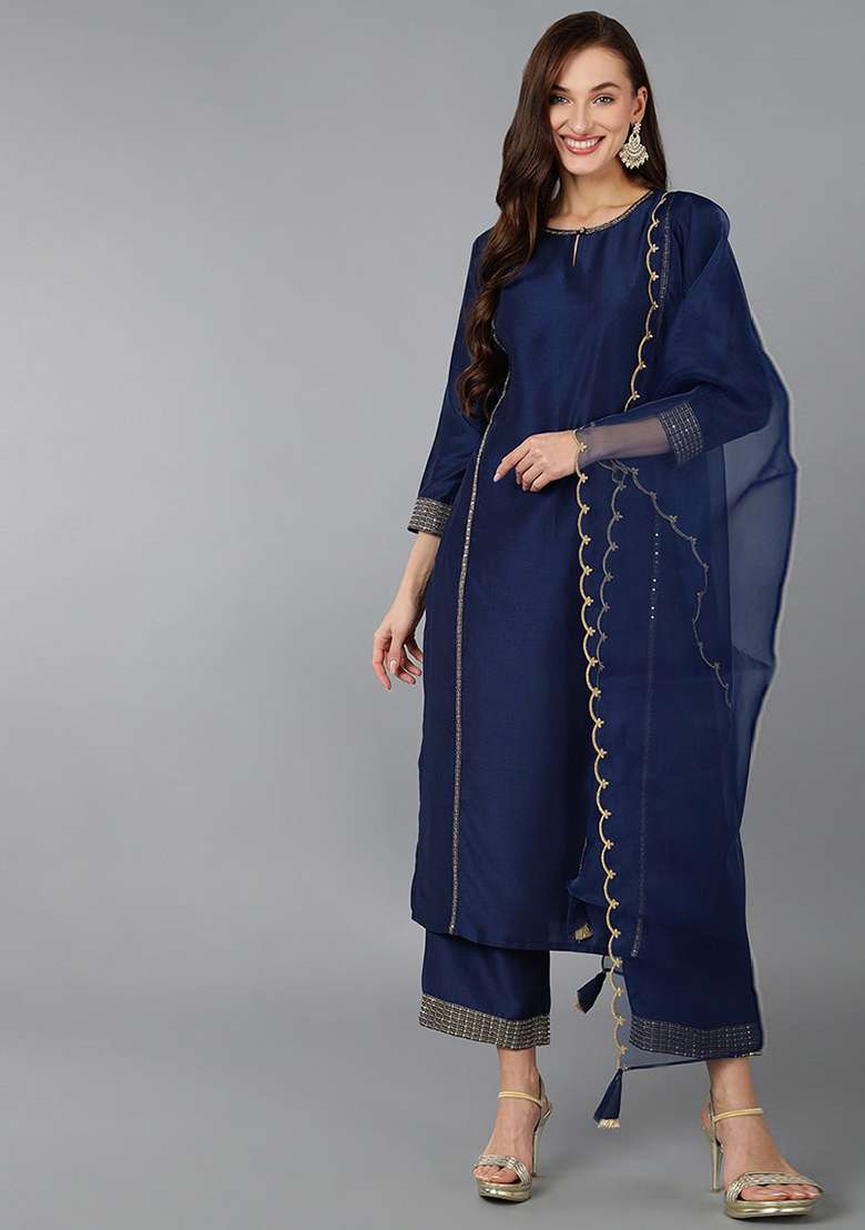 Navy Blue Zari Work Silk Blend Straight Kurta Set - Indya