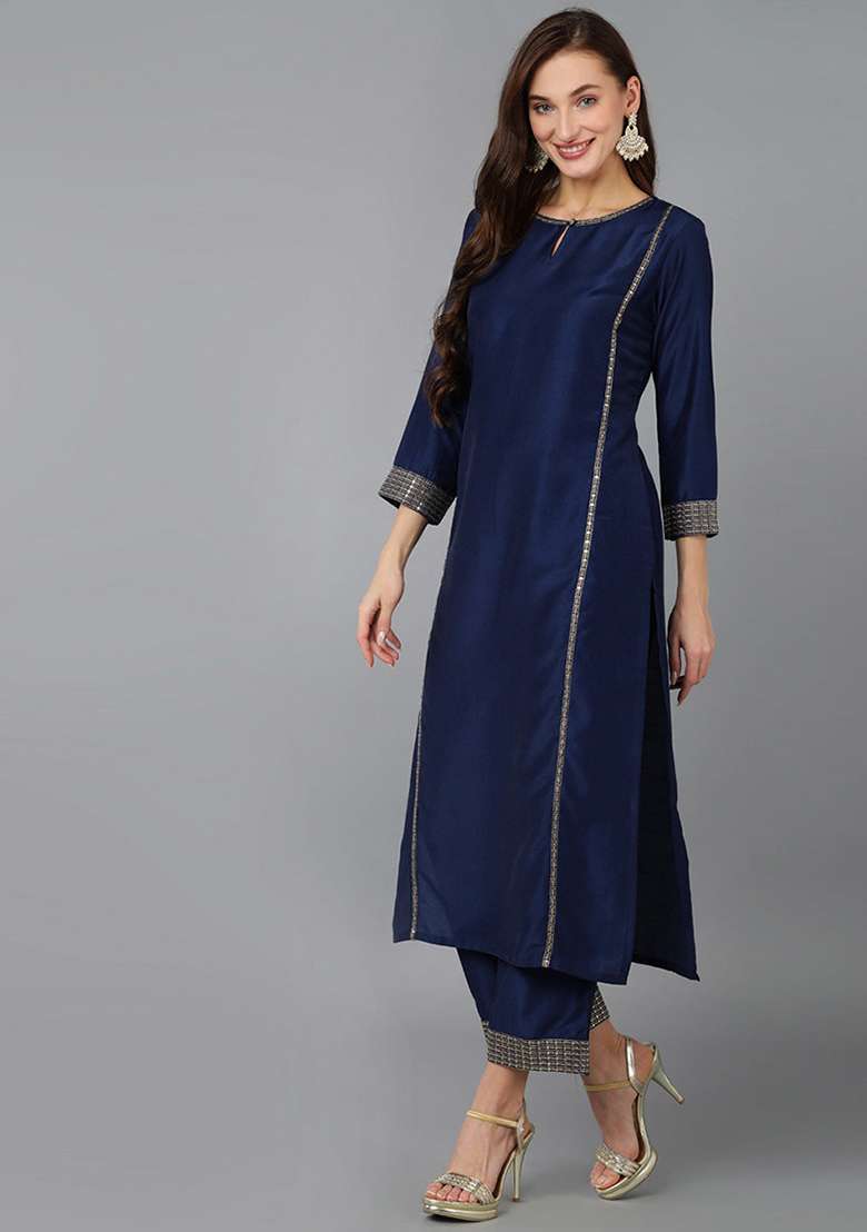 Navy Blue Zari Work Silk Blend Straight Kurta Set - Indya
