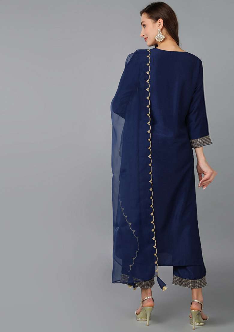 Navy Blue Zari Work Silk Blend Straight Kurta Set - Indya