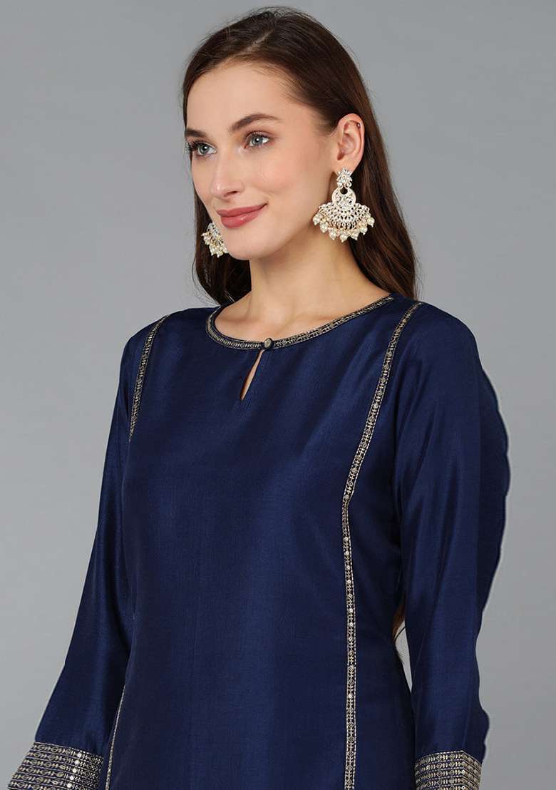 Navy Blue Zari Work Silk Blend Straight Kurta Set - Indya