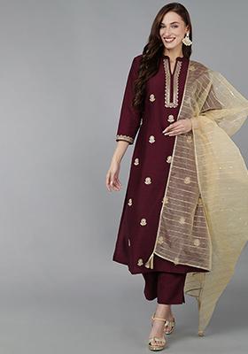Magenta Solid Silk Blend Kurta Set