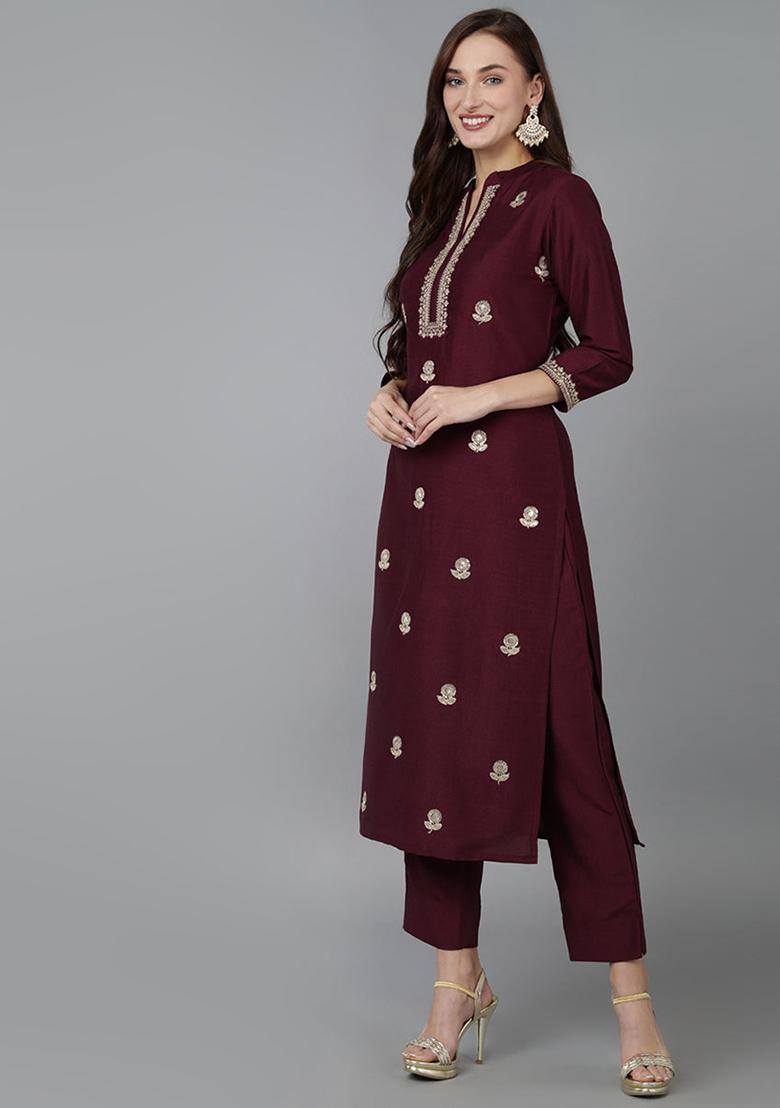 Magenta Solid Silk Blend Kurta Set