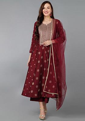 Maroon Woven Silk Blend Kurta Set