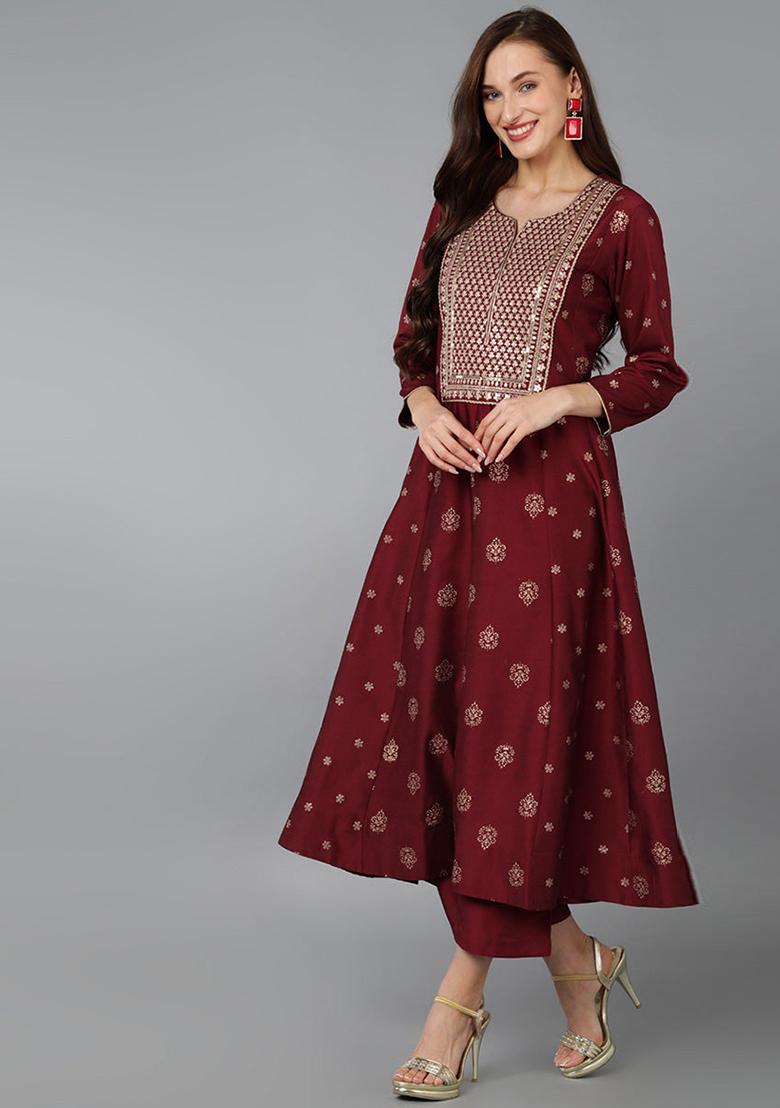 Maroon Woven Silk Blend Kurta Set