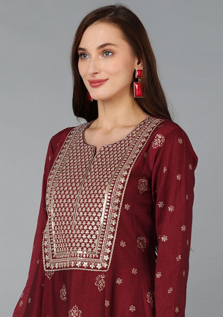 Maroon Woven Silk Blend Kurta Set