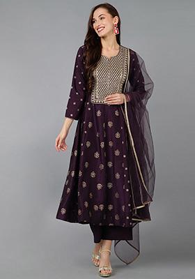 Purple Woven Silk Blend Kurta Set