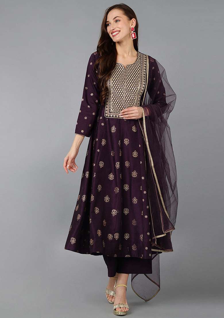 Purple Embroidered Blended Anarkali Set - Indya
