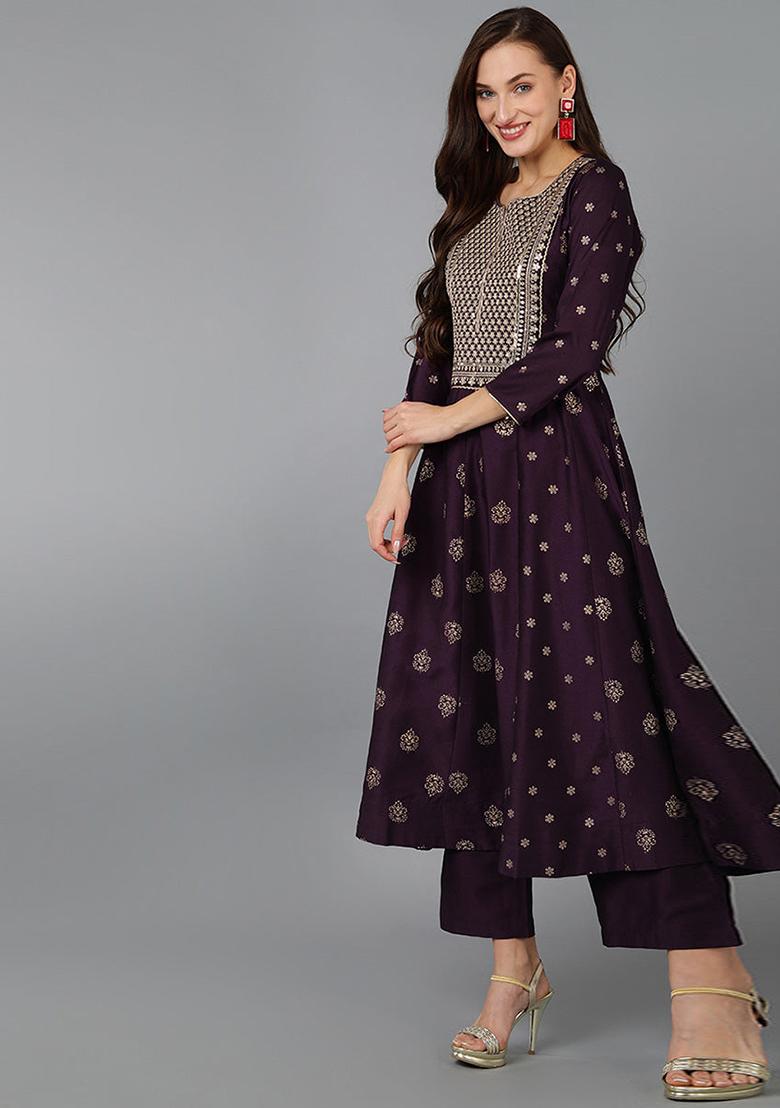 Purple Woven Silk Blend Kurta Set