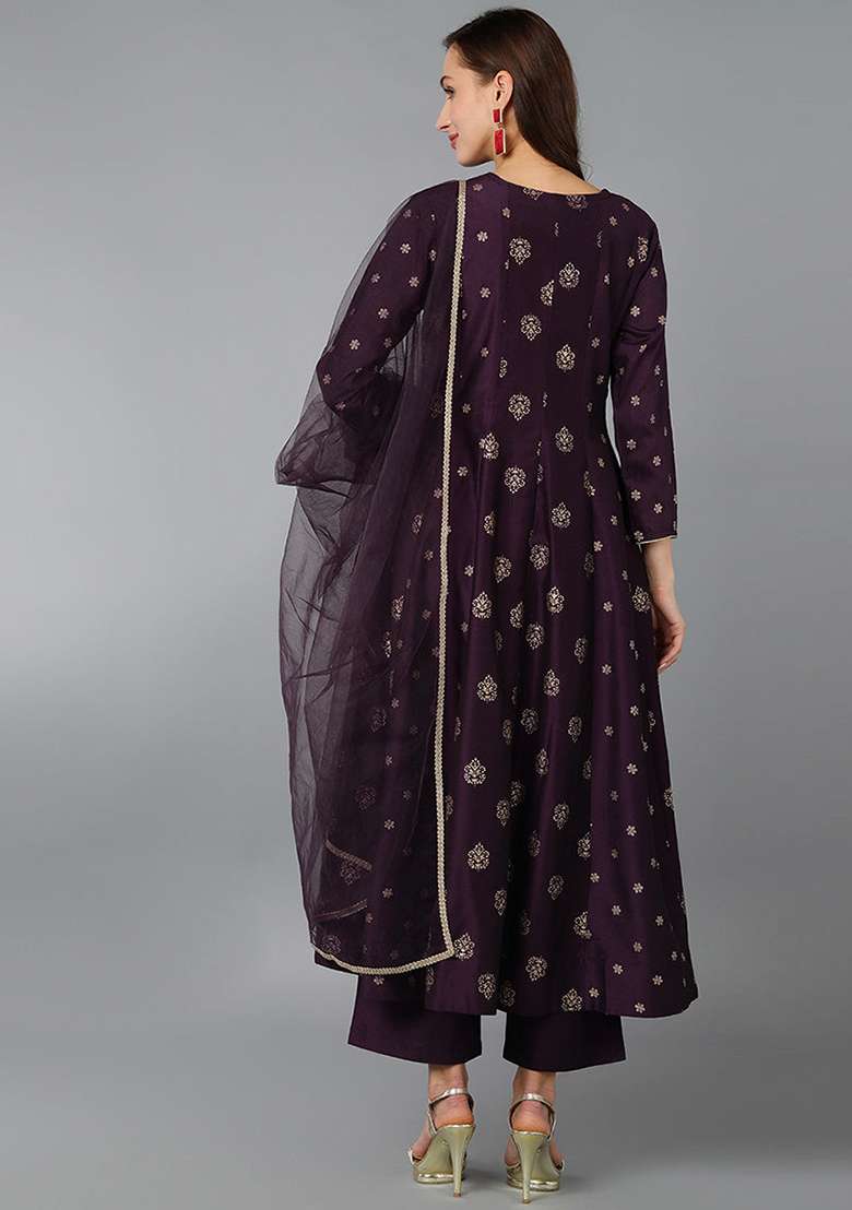 Purple Embroidered Blended Anarkali Set - Indya