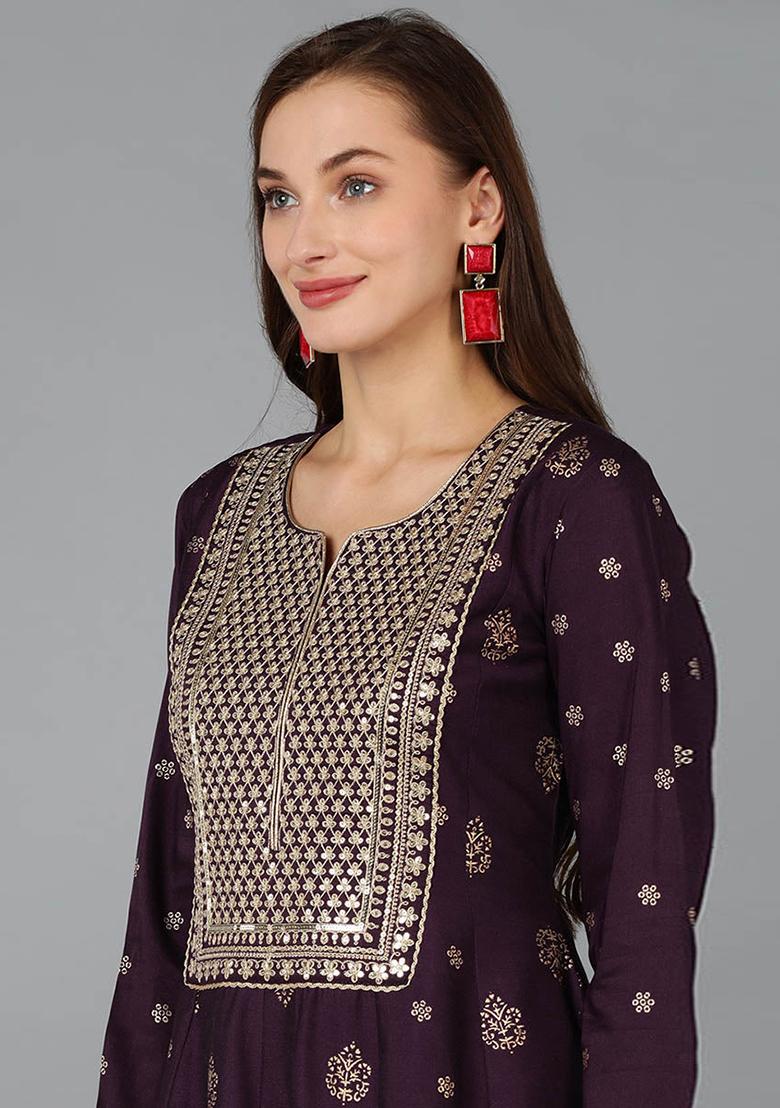 Purple Woven Silk Blend Kurta Set