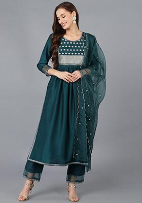 Teal Solid Silk Blend Kurta Set