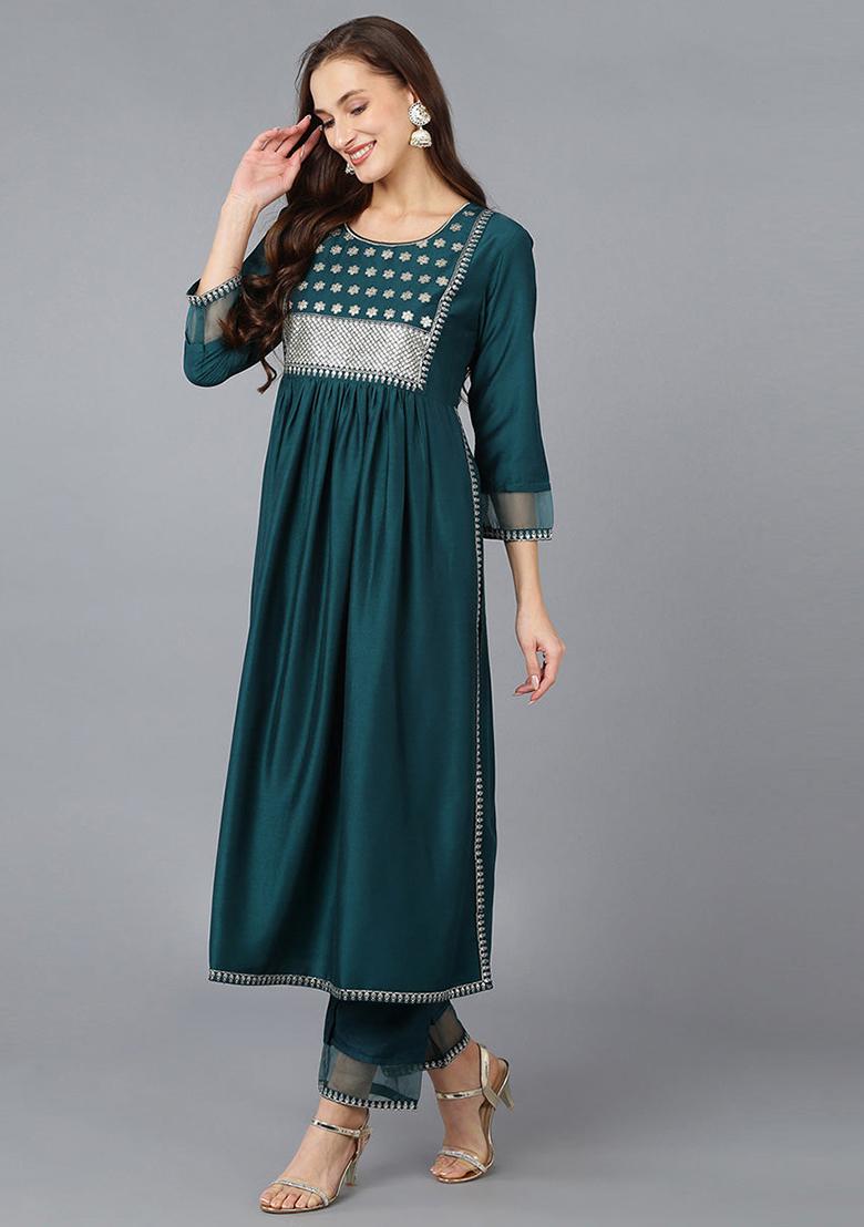 Teal Solid Silk Blend Kurta Set