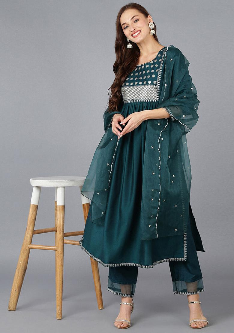 Teal Solid Silk Blend Kurta Set