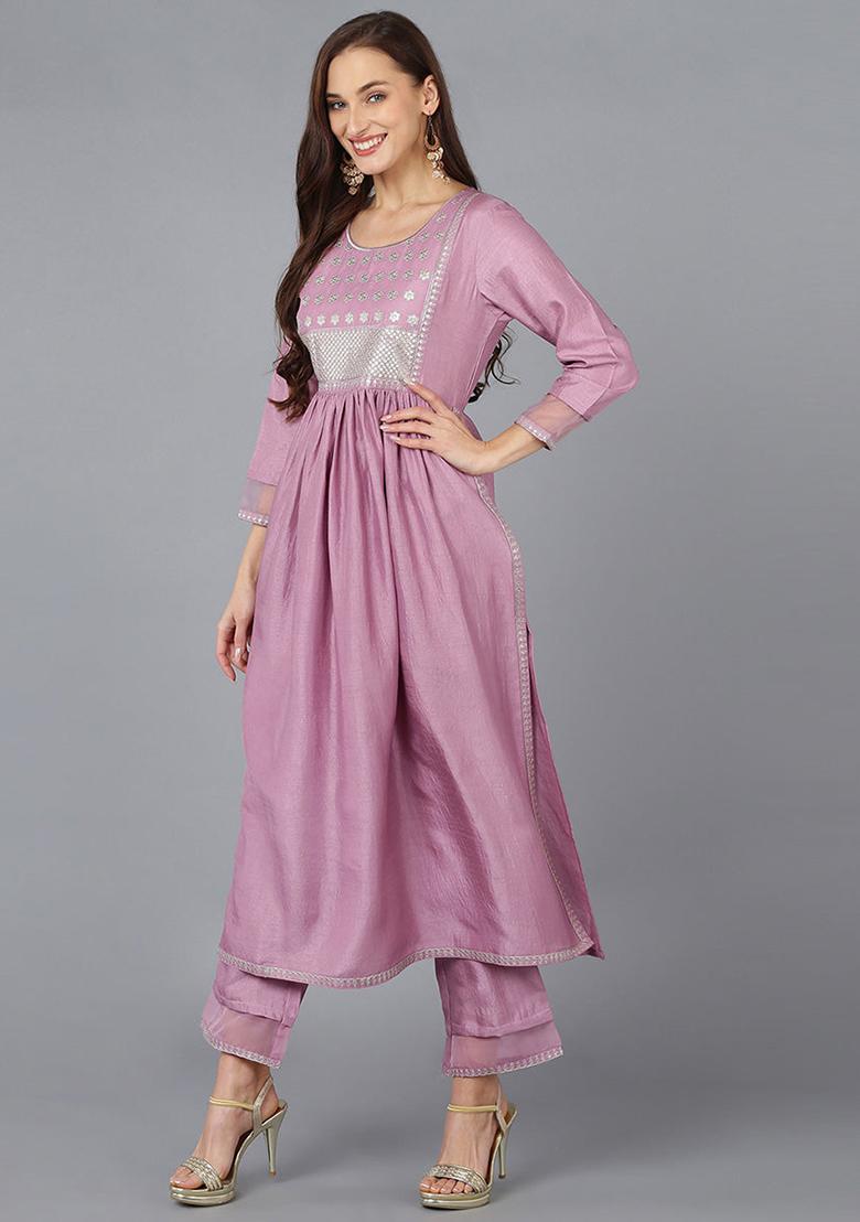 Lavender Solid Silk Blend Kurta Set