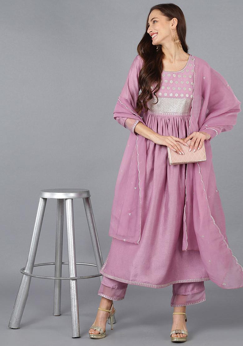 Lavender Solid Silk Blend Kurta Set