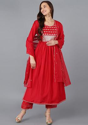 Red Solid Silk Blend Kurta Set