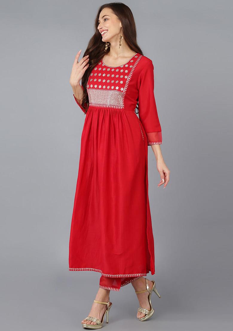 Red Solid Silk Blend Kurta Set