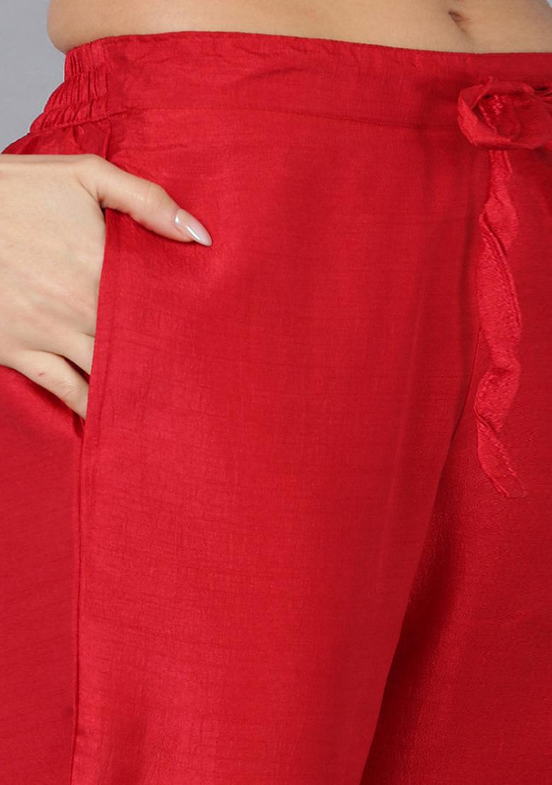 Red Solid Silk Blend Kurta Set