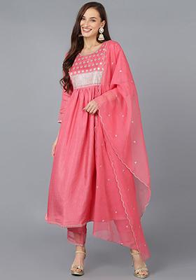 Coral Solid Silk Blend Kurta Set