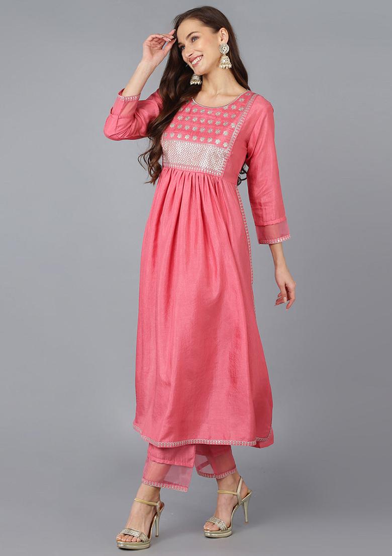 Coral Solid Silk Blend Kurta Set