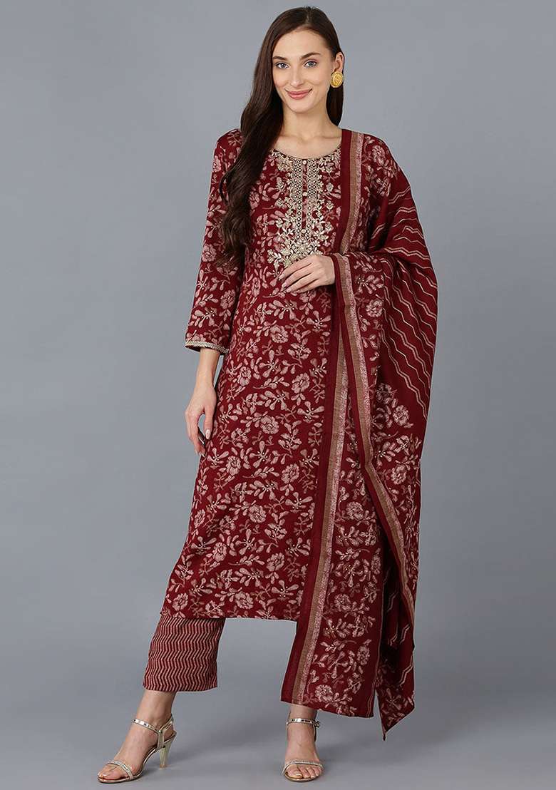 Maroon Printed Blended Straight Kurta Set - Indya