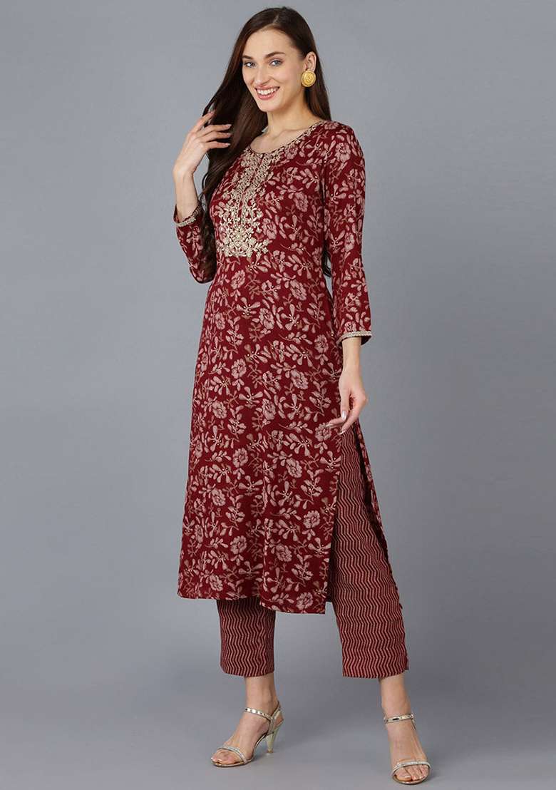 Maroon Printed Blended Straight Kurta Set - Indya