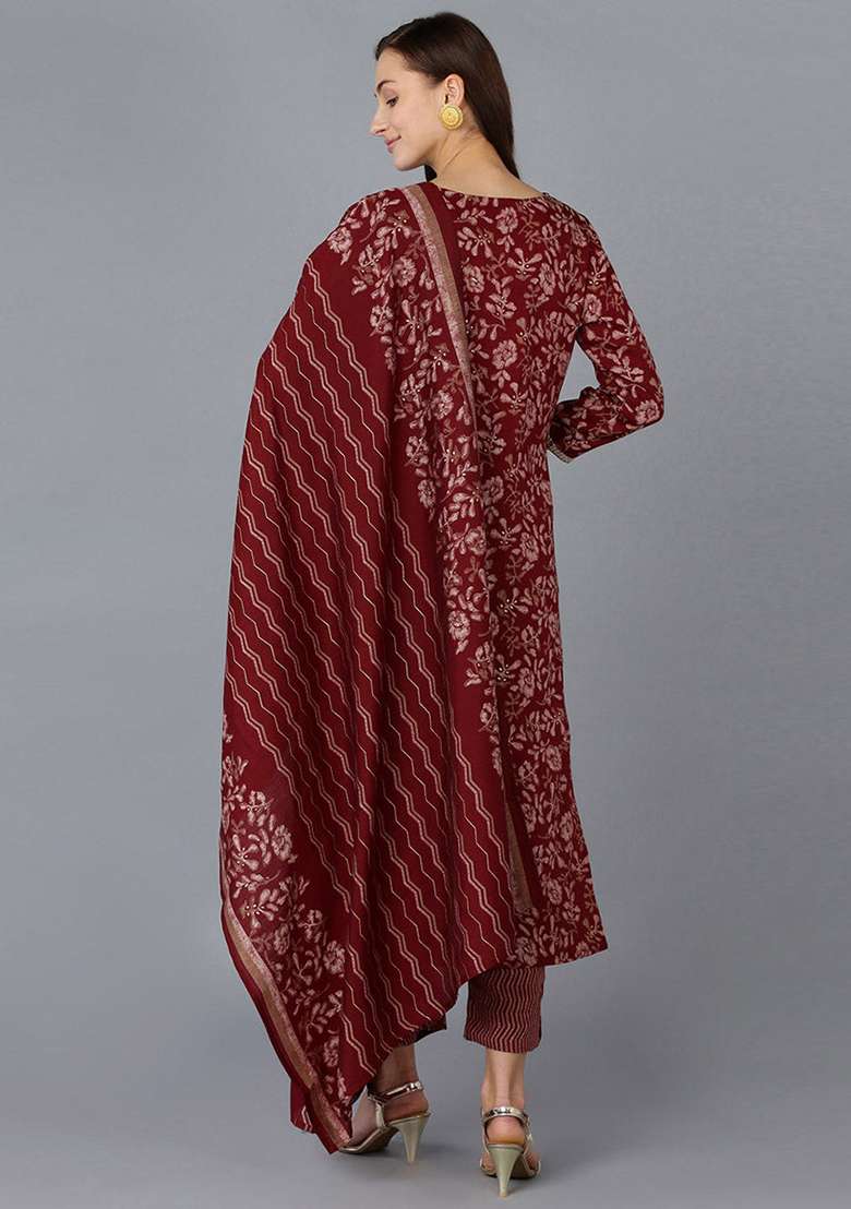 Maroon Printed Blended Straight Kurta Set - Indya
