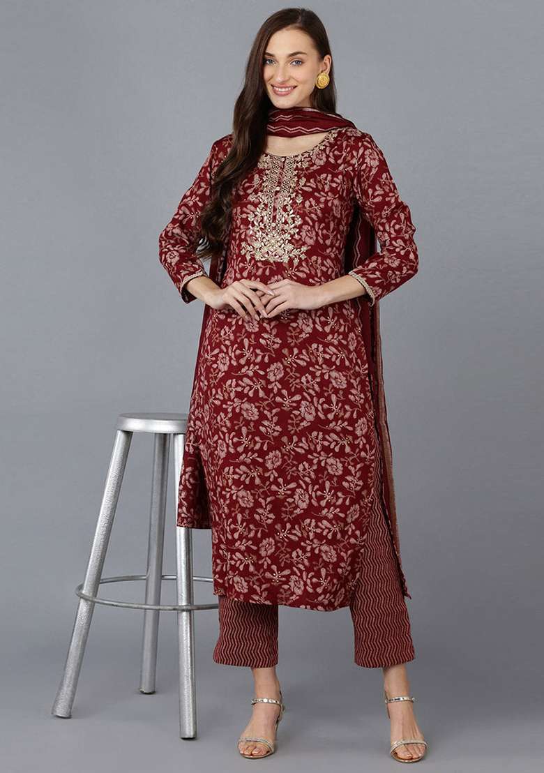 Maroon Printed Blended Straight Kurta Set - Indya