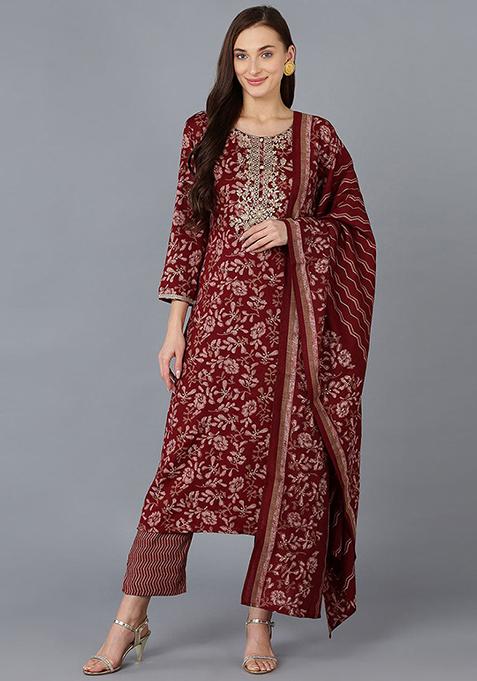 Maroon Printed Blended Straight Kurta Set